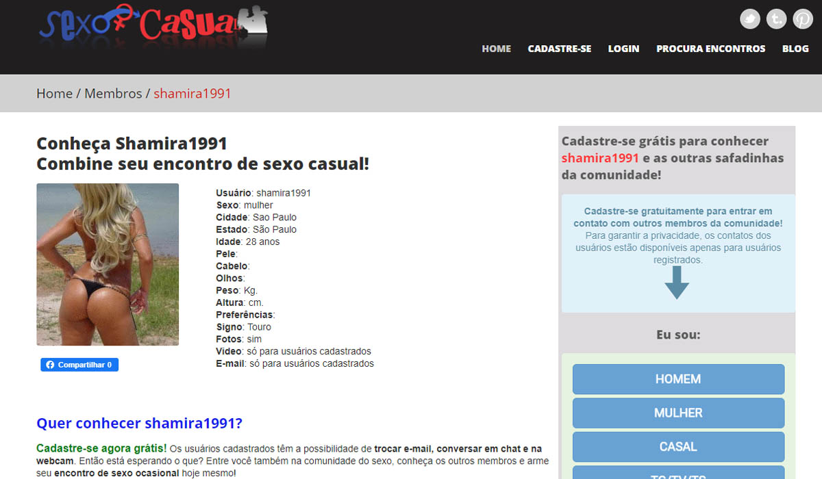 Perfil de uma garota no site de encontros eróticos sexocasual.net.br